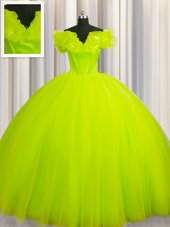 Vintage Yellow Green Ball Gowns Tulle Off The Shoulder Short Sleeves Ruching With Train Lace Up Quinceanera Gown Court Train