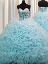 Rolling Flowers Sleeveless Beading and Pick Ups Lace Up Quinceanera Gowns with Aqua Blue Brush Train