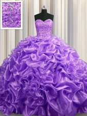 Deluxe Visible Boning Organza Sleeveless With Train 15 Quinceanera Dress Brush Train and Beading and Ruffles