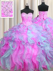 Multi-color Ball Gowns Sweetheart Sleeveless Organza Floor Length Lace Up Beading and Appliques and Ruffles 15th Birthday Dress