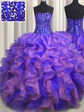 Visible Boning Bling-bling Organza Sleeveless Floor Length 15 Quinceanera Dress and Beading and Ruffles