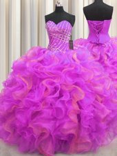 Leopard Two Tone V Neck Multi-color Sleeveless Floor Length Beading and Ruffles Lace Up Sweet 16 Quinceanera Dress