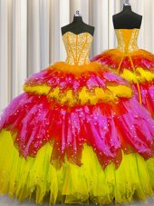 Bling-bling Visible Boning Multi-color Sleeveless Beading and Ruffles and Ruffled Layers and Sequins Floor Length Quince Ball Gowns