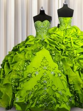 Floor Length Lace Up Quinceanera Gown Olive Green and In for Military Ball and Sweet 16 and Quinceanera with Beading and Embroidery and Ruffles and Sequins and Pick Ups