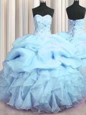 Visible Boning Floor Length Lace Up Vestidos de Quinceanera Baby Blue and In for Military Ball and Sweet 16 and Quinceanera with Beading and Ruffles and Pick Ups