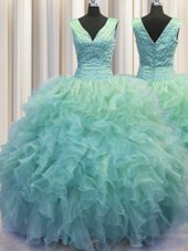 Glittering V Neck Zipper Up Floor Length Zipper Quinceanera Gowns Light Blue and In for Military Ball and Sweet 16 and Quinceanera with Ruffles