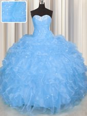 Edgy Floor Length Lace Up Ball Gown Prom Dress Baby Blue and In for Military Ball and Sweet 16 and Quinceanera with Beading and Ruffles