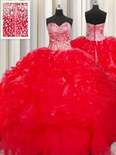 Visible Boning Pink Organza Lace Up Scalloped Sleeveless Floor Length Sweet 16 Dress Beading and Ruffles