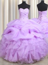 Rose Pink Lace Up V-neck Beading and Ruffles Quinceanera Dress Organza Sleeveless