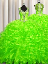 Pick Ups Zipper Up See Through Back Ball Gowns Organza Sweetheart Sleeveless Beading With Train Zipper Vestidos de Quinceanera Brush Train