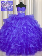 Shining Purple Sweet 16 Dresses Military Ball and Sweet 16 and Quinceanera and For with Beading and Ruffled Layers Sweetheart Sleeveless Lace Up