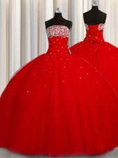Puffy Skirt Red Ball Gowns Organza Strapless Sleeveless Beading and Sequins Floor Length Lace Up Quinceanera Gown