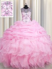 See Through Floor Length Lace Up Quinceanera Gown Rose Pink and In for Military Ball and Sweet 16 and Quinceanera with Beading and Ruffles and Pick Ups
