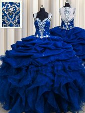 Zipple Up See Through Back Royal Blue Zipper Straps Beading and Ruffles and Sequins and Pick Ups Quince Ball Gowns Organza Sleeveless