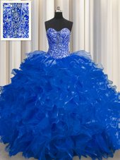 See Through Royal Blue Lace Up Ball Gown Prom Dress Beading and Ruffles Sleeveless Floor Length