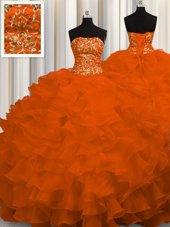 Popular Beading and Ruffles Quinceanera Dress Rust Red Lace Up Sleeveless Sweep Train