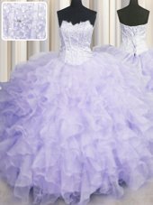 Pretty Lavender Ball Gowns Organza Scalloped Sleeveless Beading and Ruffles Floor Length Lace Up Sweet 16 Dresses
