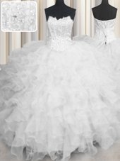 Adorable Scalloped White Sleeveless Organza Lace Up Sweet 16 Dress for Military Ball and Sweet 16 and Quinceanera