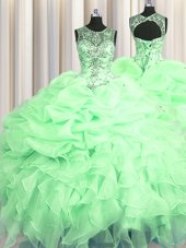 Most Popular Scoop See Through Apple Green Sleeveless Floor Length Beading and Ruffles and Pick Ups Lace Up Quinceanera Gown