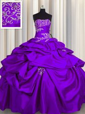 Purple Sleeveless Floor Length Appliques and Pick Ups Lace Up Quinceanera Gown