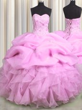 Sleeveless Floor Length Beading and Ruffles Lace Up Quinceanera Gowns with Lilac