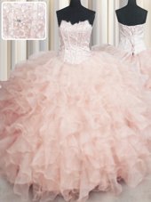 Visible Boning Floor Length Peach Quinceanera Gowns Scalloped Sleeveless Lace Up