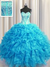 With Train Ball Gowns Sleeveless Aqua Blue Sweet 16 Quinceanera Dress Sweep Train Lace Up