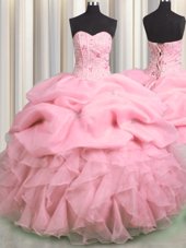 Visible Boning Floor Length Rose Pink Quinceanera Gown Organza Sleeveless Beading and Ruffles and Pick Ups