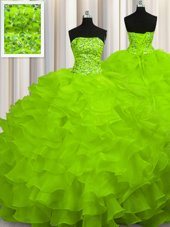 Sweep Train Sleeveless Beading and Ruffles Lace Up Quinceanera Gown