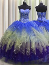Visible Boning Beading and Ruffles and Sequins Sweet 16 Quinceanera Dress Multi-color Lace Up Sleeveless Floor Length