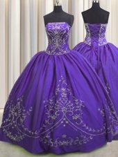 Purple Ball Gowns Taffeta Strapless Sleeveless Beading and Embroidery Floor Length Lace Up Sweet 16 Quinceanera Dress