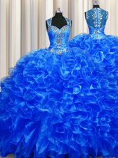 Zipper Up See Through Back Straps Sleeveless Organza Quinceanera Gown Beading and Ruffles Sweep Train Zipper