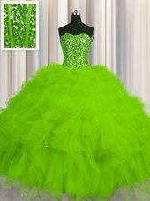 Visible Boning Ball Gowns Sweetheart Sleeveless Tulle Floor Length Lace Up Beading and Ruffles and Sequins 15th Birthday Dress