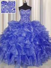 Customized Visible Boning Organza Strapless Sleeveless Lace Up Beading and Ruffles Sweet 16 Dresses in Blue