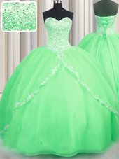 Latest Sleeveless Brush Train Lace Up With Train Beading and Appliques Ball Gown Prom Dress