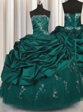 Peacock Green Sleeveless Floor Length Beading and Appliques and Embroidery and Pick Ups Lace Up Quinceanera Gowns