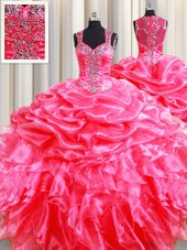 Pick Ups Zipper Up See Through Back Floor Length Hot Pink Quinceanera Dresses Straps Sleeveless Zipper