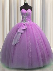 Lilac Sleeveless Floor Length Beading and Sequins and Bowknot Lace Up Quinceanera Dress