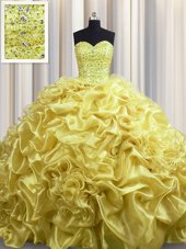 Fabulous Gold Ball Gowns Sweetheart Sleeveless Organza With Train Court Train Lace Up Beading and Pick Ups Sweet 16 Quinceanera Dress