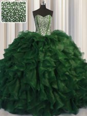 Trendy Visible Boning Bling-bling Green Ball Gowns Beading Sweet 16 Dresses Lace Up Organza Sleeveless With Train