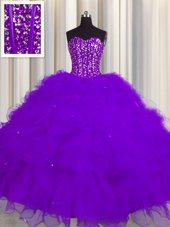 Visible Boning Floor Length Purple Quinceanera Gown Tulle Sleeveless Beading and Ruffles and Sequins