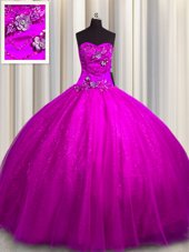 Superior Fuchsia Ball Gowns Beading and Appliques Quinceanera Gown Lace Up Tulle and Sequined Sleeveless Floor Length