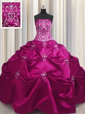 Lovely Fuchsia Ball Gowns Strapless Sleeveless Taffeta Floor Length Lace Up Beading and Appliques and Embroidery 15 Quinceanera Dress