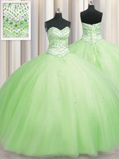 New Style Bling-bling Big Puffy Floor Length Ball Gowns Sleeveless Yellow Green Ball Gown Prom Dress Lace Up