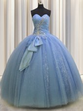 Cute Floor Length Light Blue Quinceanera Gown Tulle Sleeveless Beading and Sequins and Bowknot