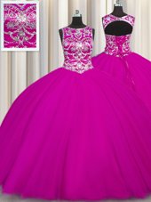 Fuchsia Ball Gowns Tulle Scoop Sleeveless Beading and Appliques Floor Length Lace Up Sweet 16 Dress