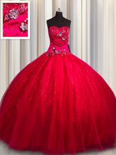 Sequined Red Vestidos de Quinceanera Military Ball and Sweet 16 and Quinceanera and For with Beading and Appliques Sweetheart Sleeveless Lace Up