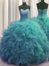 Exceptional Beaded Bust Turquoise Sleeveless Beading and Ruffles Floor Length Ball Gown Prom Dress