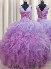 V Neck Zipper Up Lilac Ball Gowns Ruffles Sweet 16 Dress Zipper Organza Sleeveless Floor Length