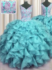 Ruffled V Neck Sleeveless Floor Length Appliques and Ruffles Lace Up Vestidos de Quinceanera with Aqua Blue